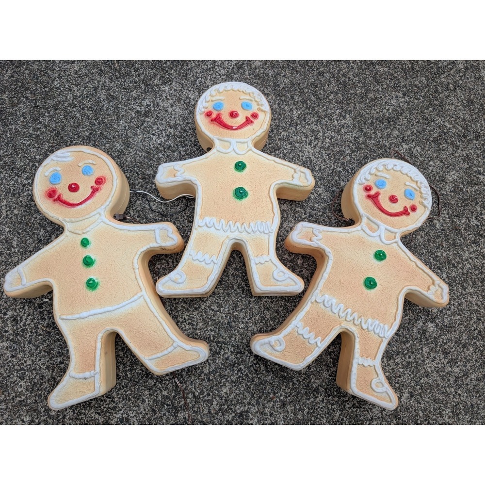 Vtg Union Blow Mold Gingerbread Figures Lighted Christmas Cookies Frosted 3 Lot
